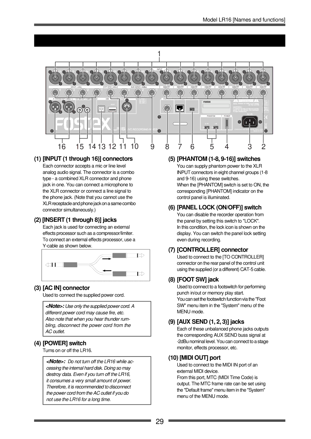 Fostex LR16 manual Main unit rear panel 