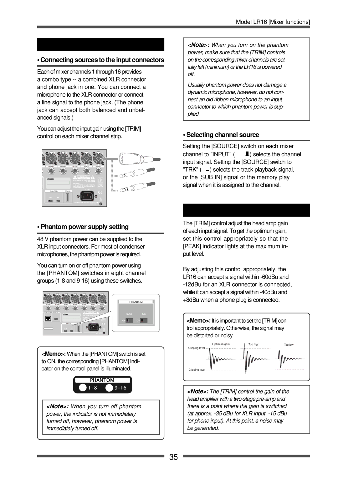 Fostex LR16 manual Adjusting the input level, Connecting sources to the input connectors, Phantom power supply setting 