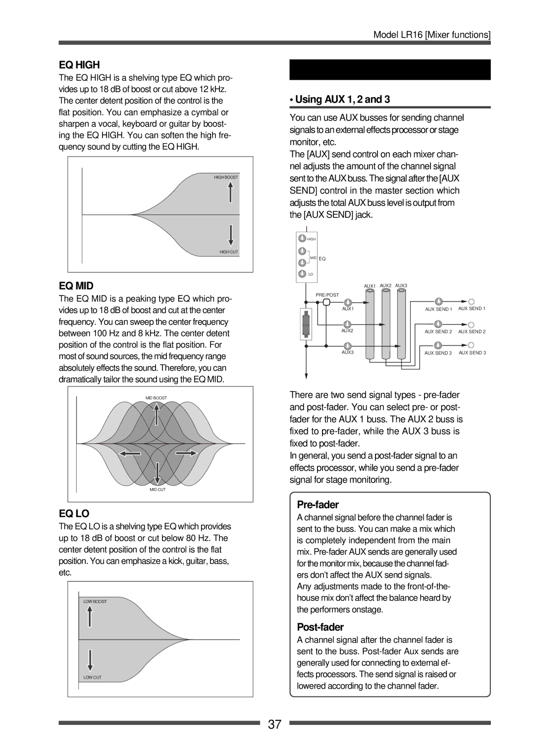 Fostex LR16 manual Using an external effect processor, Using AUX 1, 2, Pre-fader, Post-fader 