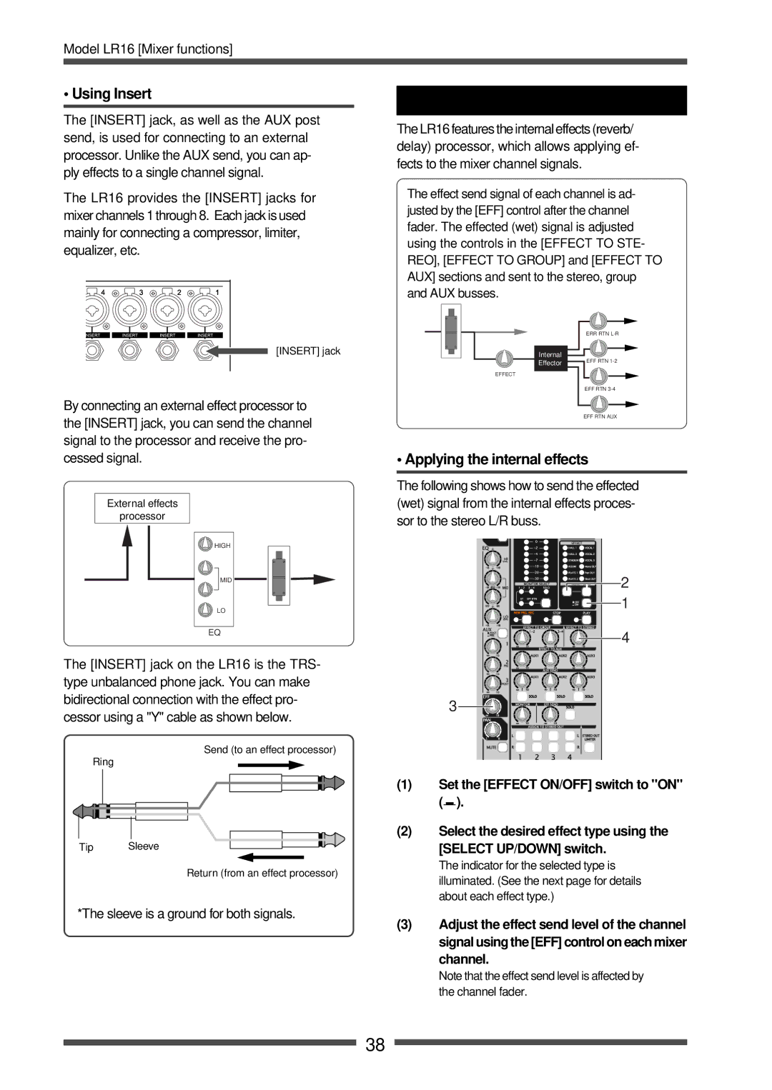 Fostex LR16 manual Using the internal effects processor, Using Insert, Applying the internal effects 