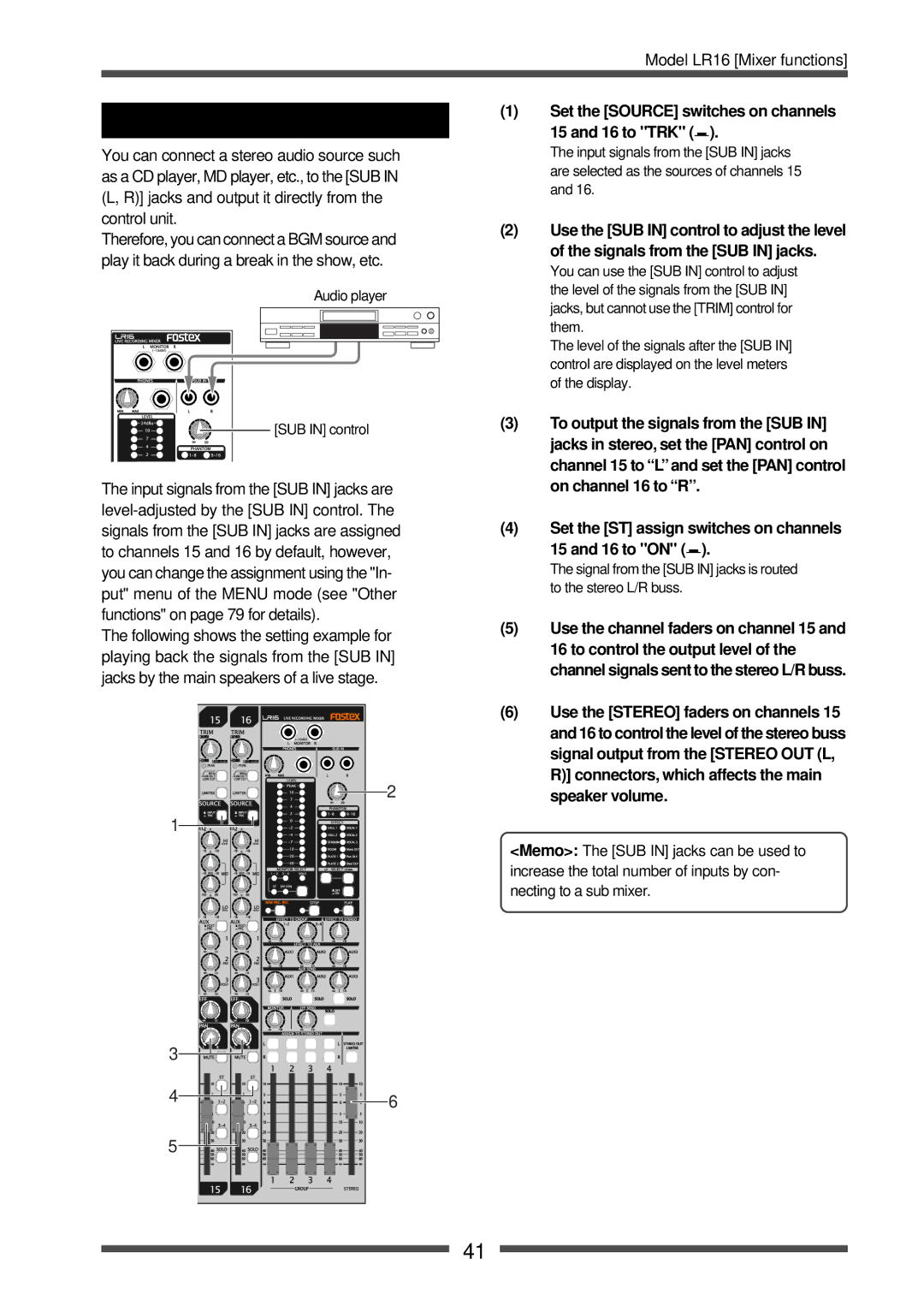 Fostex LR16 manual Using SUB, Set the Source switches on channels 15 and 16 to TRK 