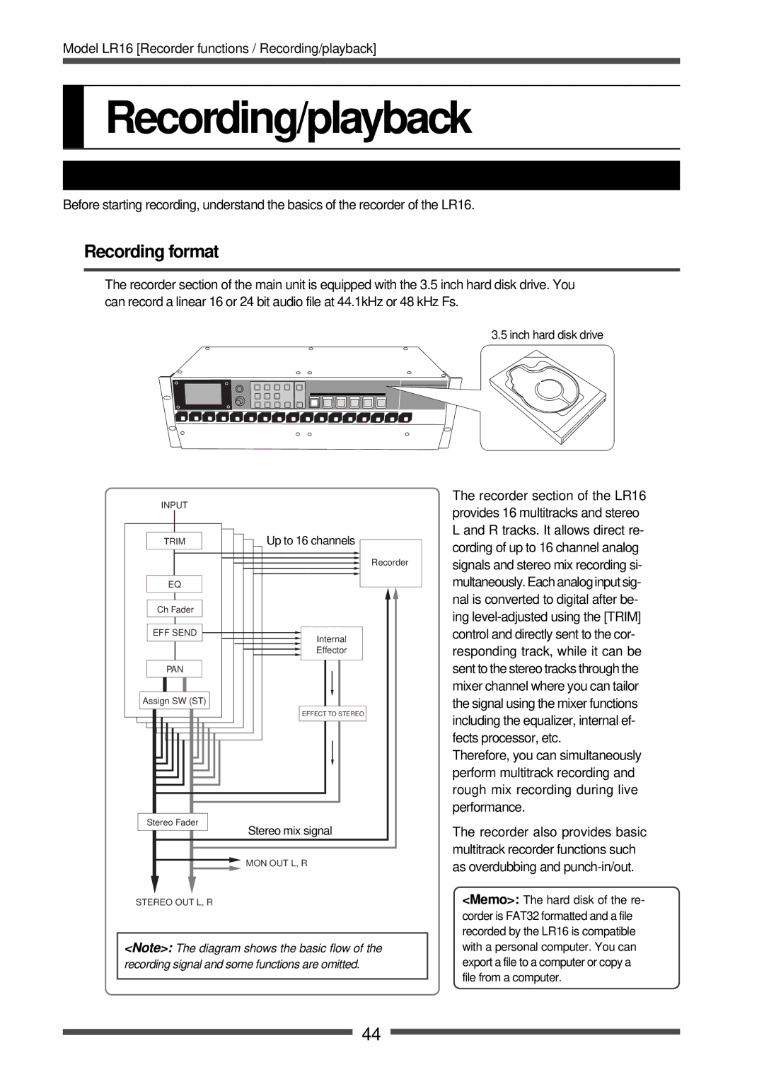 Fostex LR16 manual Recording/playback, Recording format, Recorder basics 