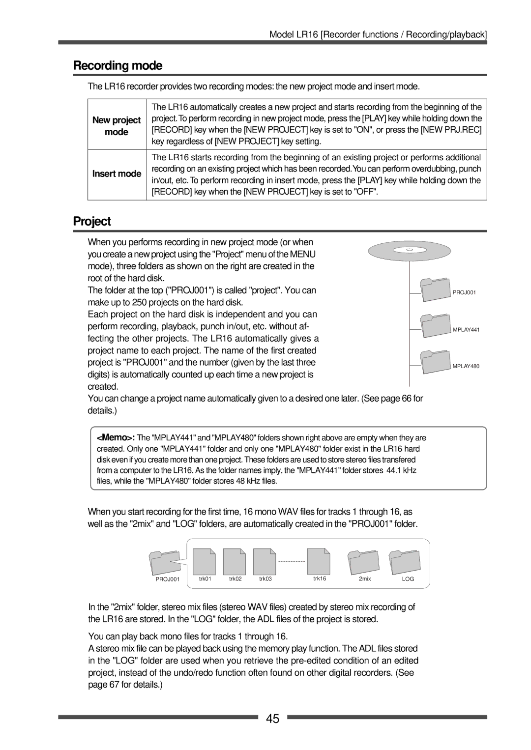 Fostex LR16 manual Recording mode, Project 