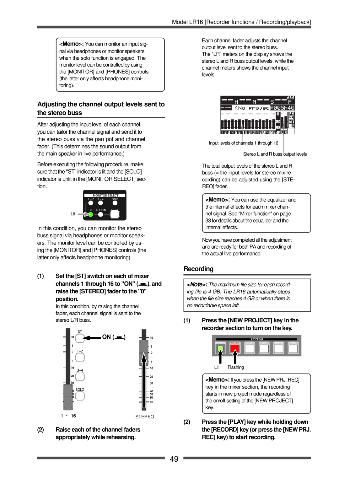 Fostex LR16 manual Adjusting the channel output levels sent to the stereo buss, Recording 