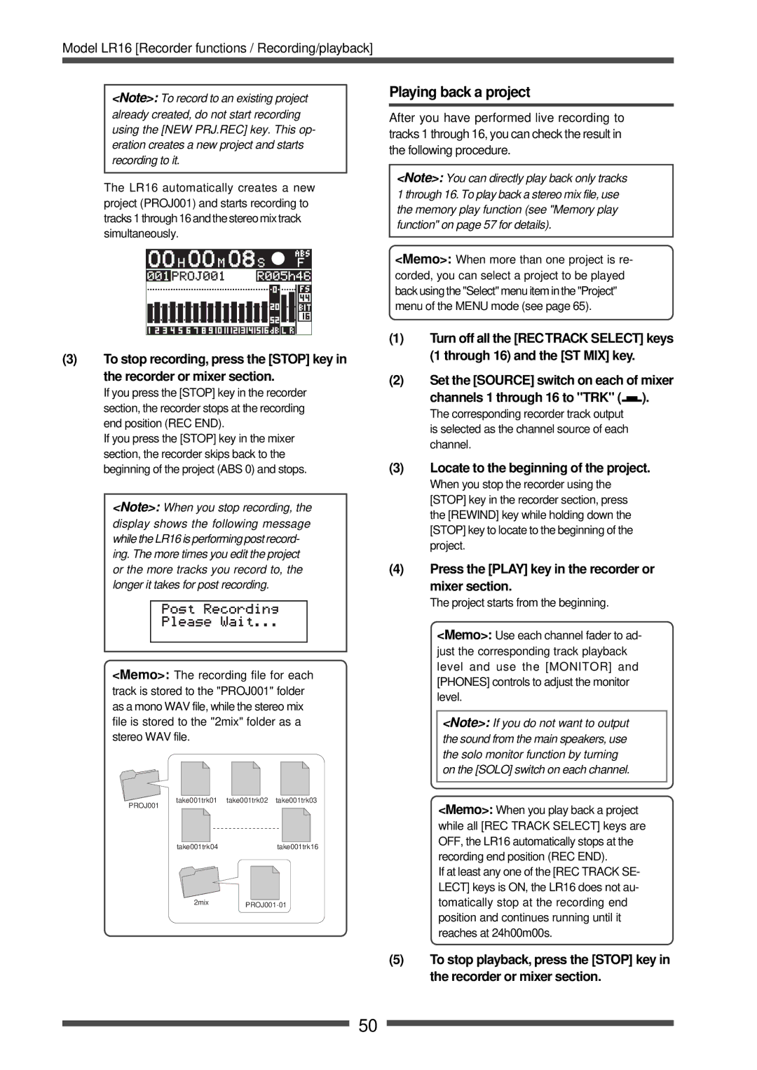 Fostex LR16 manual Playing back a project, Locate to the beginning of the project 