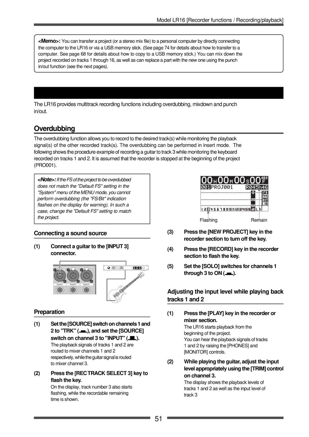 Fostex LR16 manual Overdubbing, Multitrack recording, Connecting a sound source 