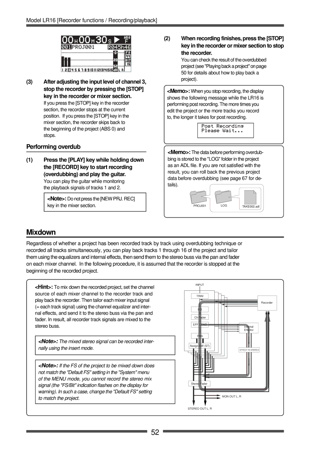 Fostex LR16 manual Mixdown, Performing overdub 