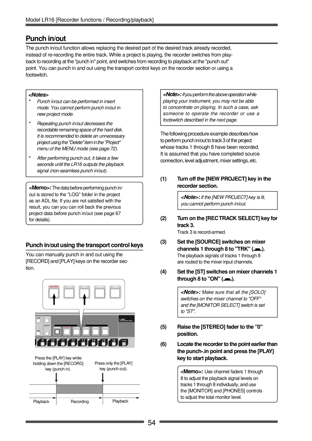 Fostex LR16 manual Punch in/out using the transport control keys 