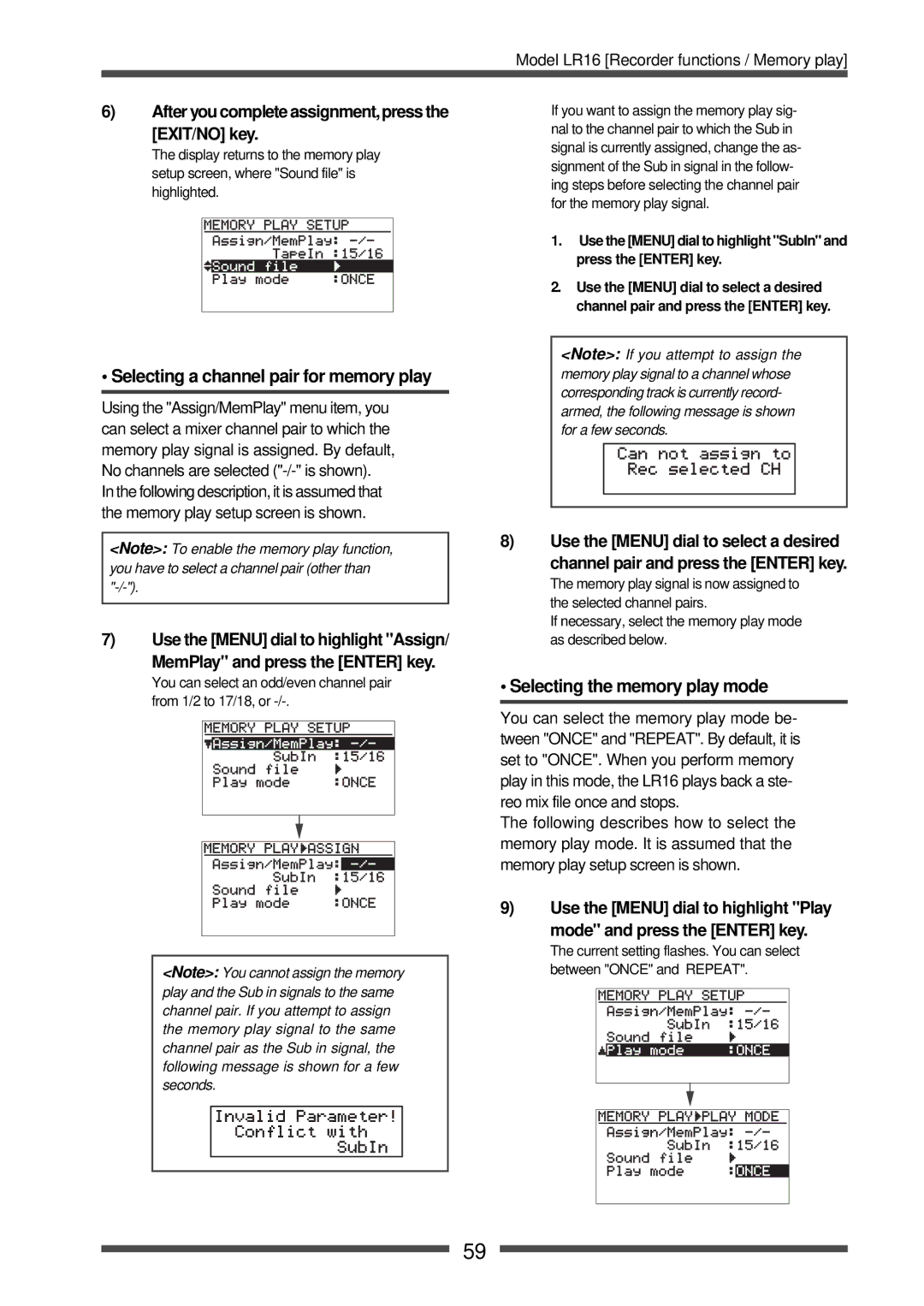 Fostex LR16 manual After you complete assignment,press EXIT/NO key, Selecting a channel pair for memory play 