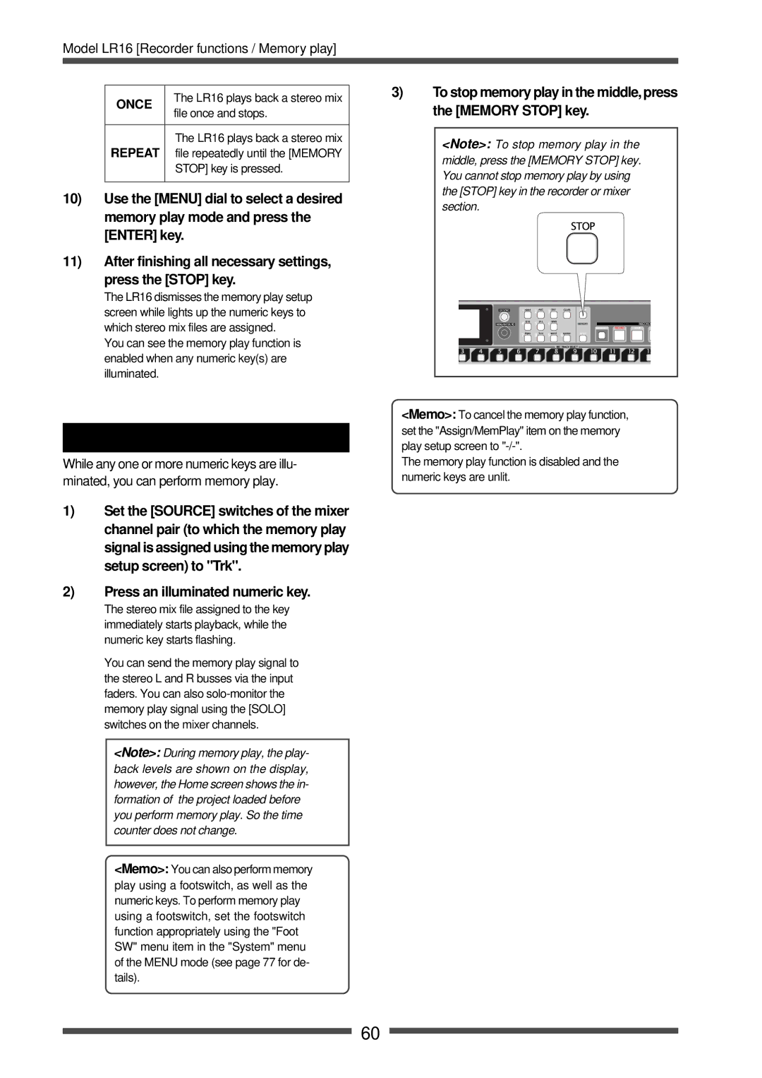 Fostex LR16 manual Performing memory play, Press an illuminated numeric key 