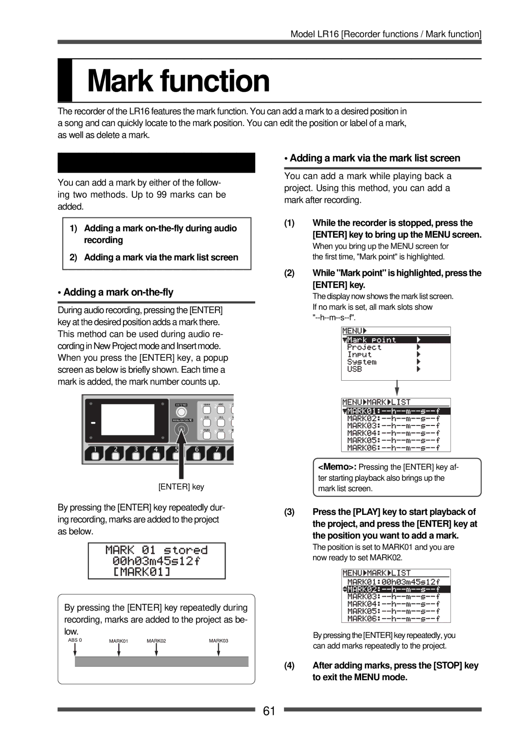 Fostex LR16 manual Mark function, Adding a mark on-the-fly, Adding a mark via the mark list screen 