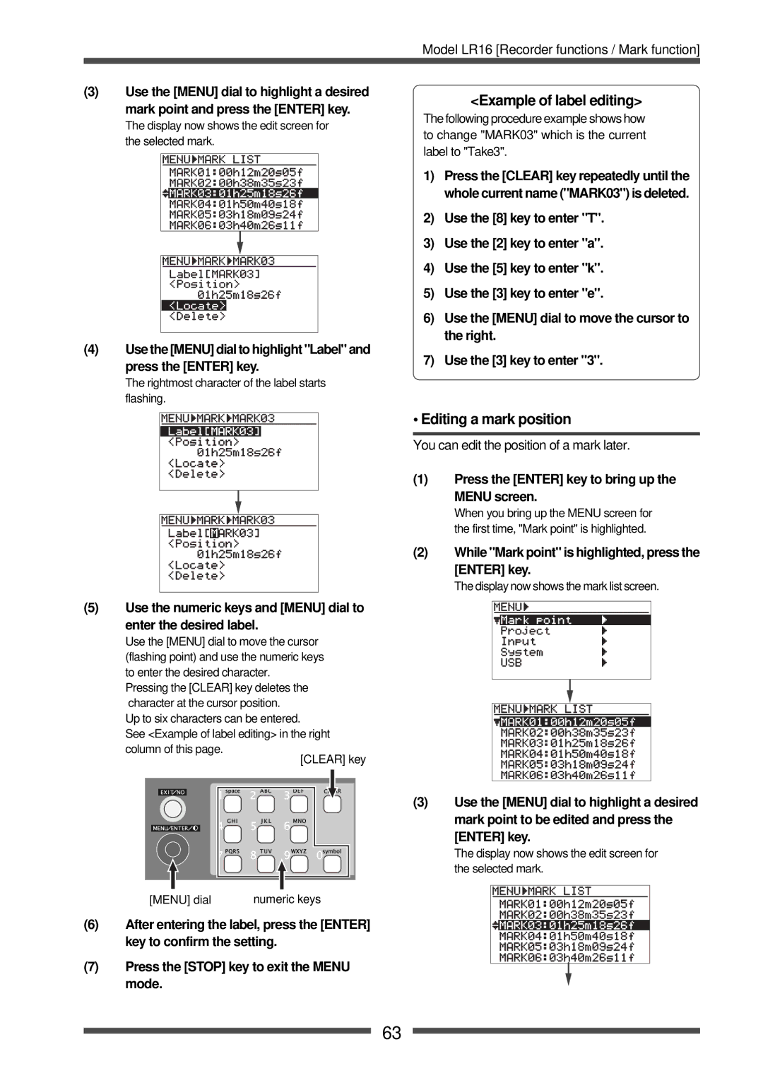 Fostex LR16 manual Example of label editing, Editing a mark position 