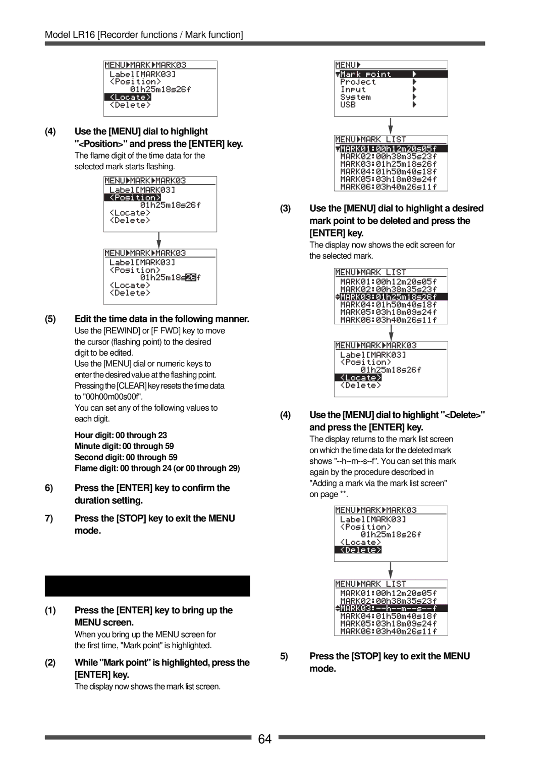 Fostex LR16 manual Deleting a mark, Edit the time data in the following manner 