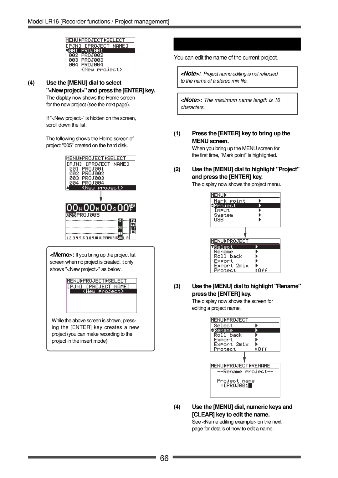 Fostex LR16 manual Editing a project name, Use the Menu dial to highlight Rename press the Enter key 