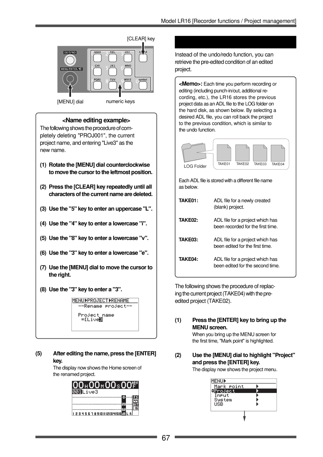 Fostex LR16 manual Rolling back a project, Name editing example, Right, Use the 3 key to enter a 