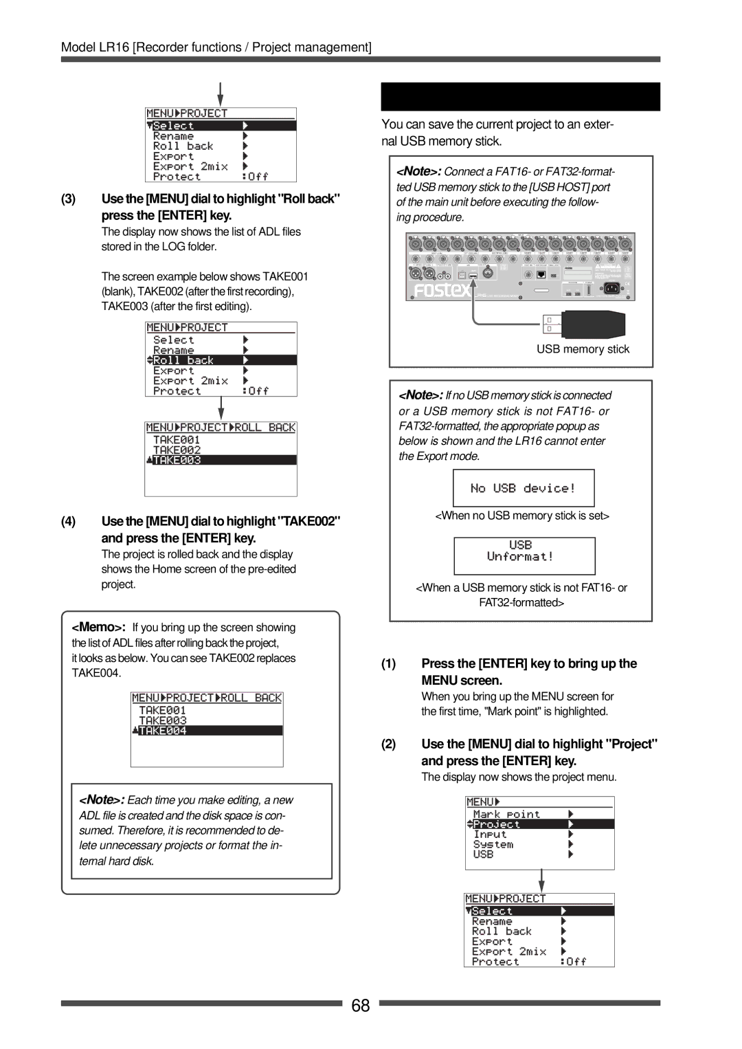 Fostex LR16 manual Saving a project to an external medium, Use the Menu dial to highlight Roll back press the Enter key 