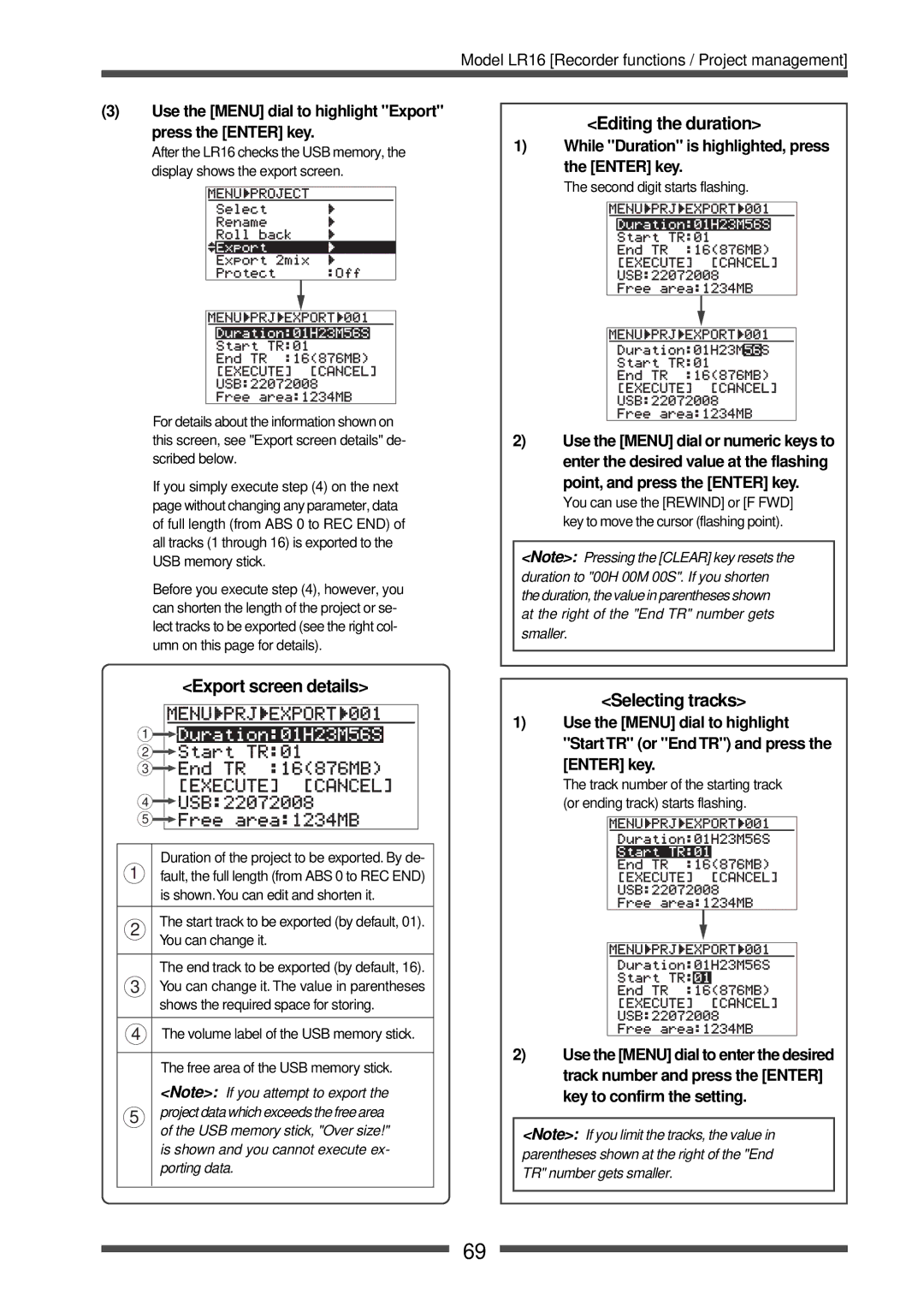 Fostex LR16 manual Export screen details, Editing the duration, Selecting tracks 