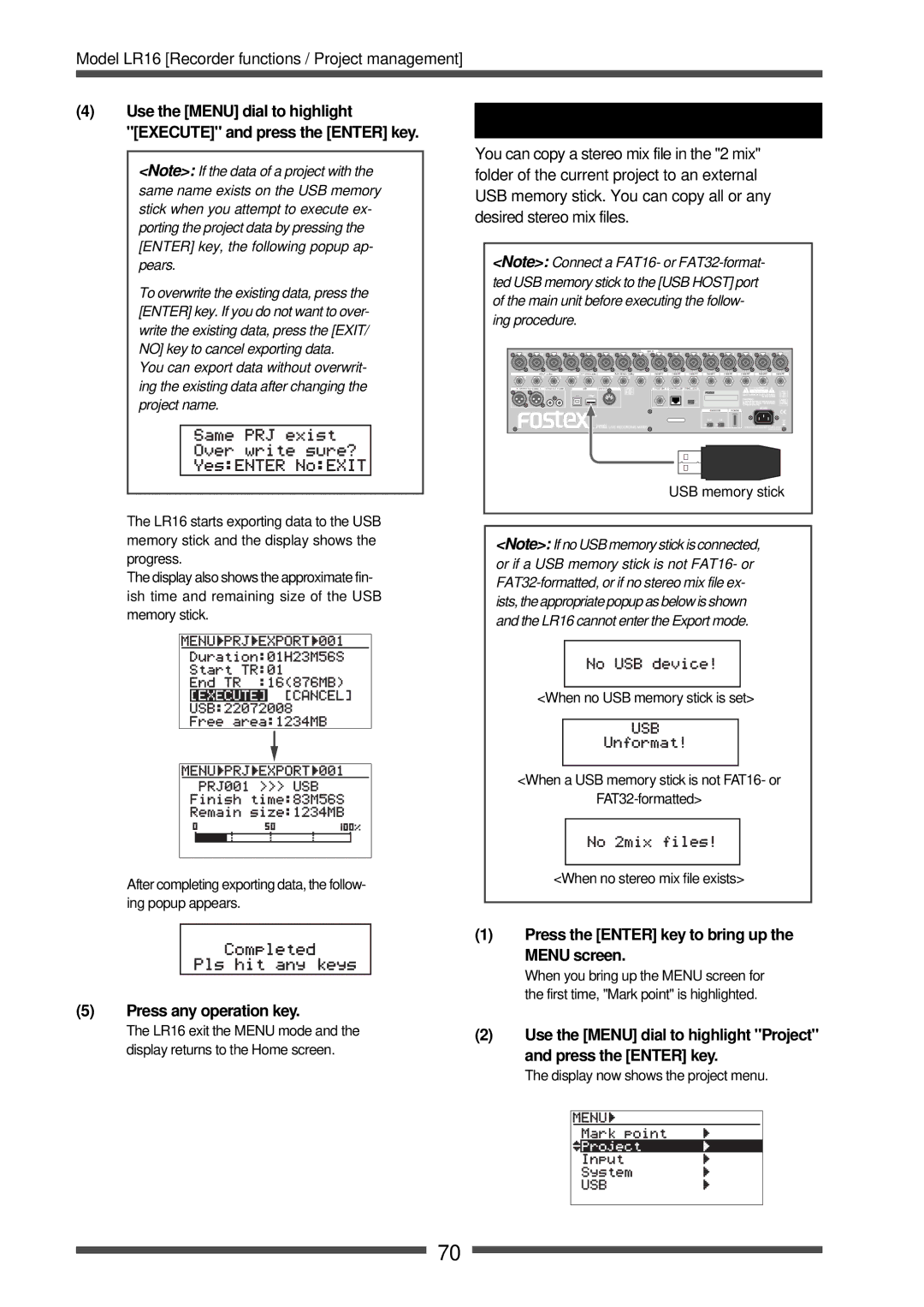 Fostex LR16 manual Copying a stereo mix file to an external medium, Press any operation key 