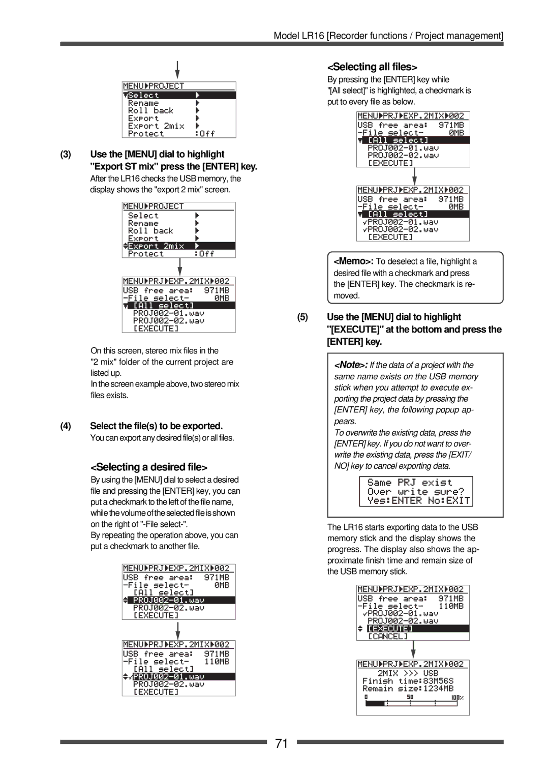 Fostex LR16 manual Selecting a desired file, Selecting all files, Select the files to be exported 