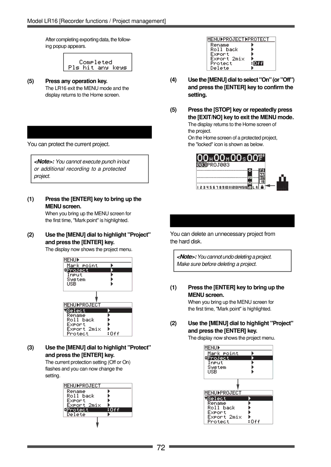 Fostex LR16 manual Protecting a project, Deleting a project 