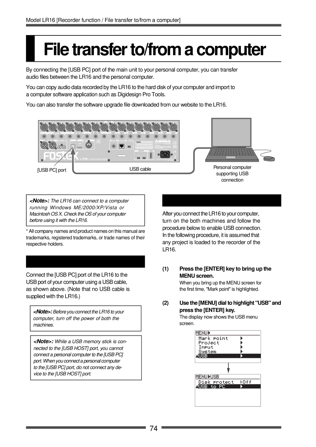 Fostex LR16 manual Enabling USB connection, Use the Menu dial to highlight USB and press the Enter key 