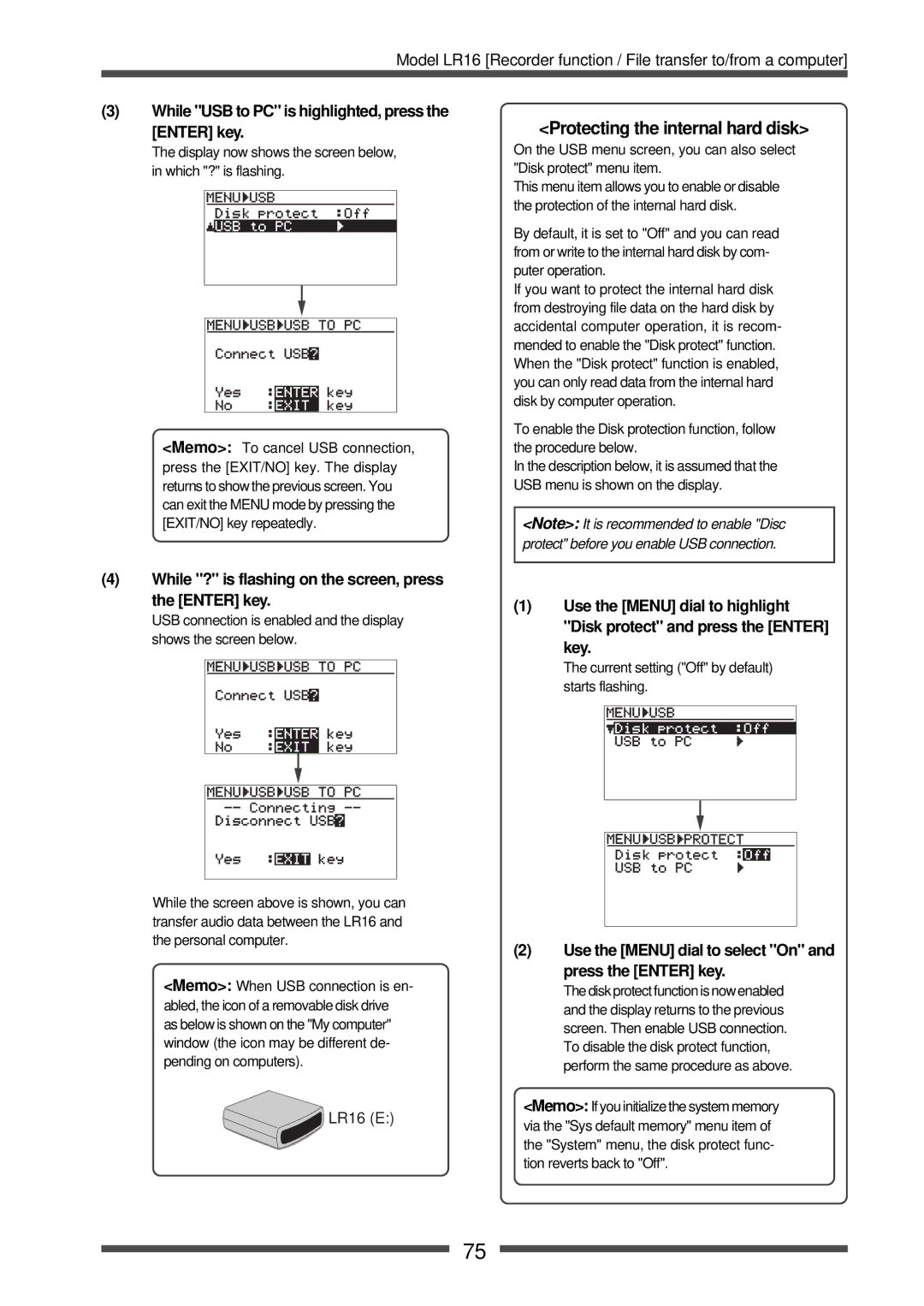 Fostex manual Protecting the internal hard disk, While USB to PC is highlighted, press the Enter key, LR16 E 