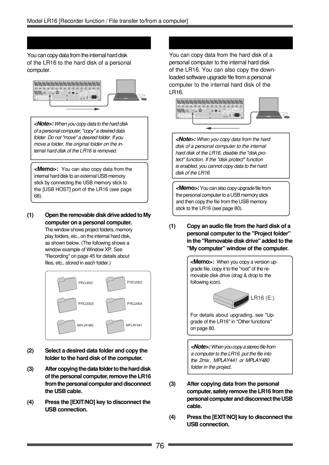 Fostex manual Copying data from the LR16 to a computer 