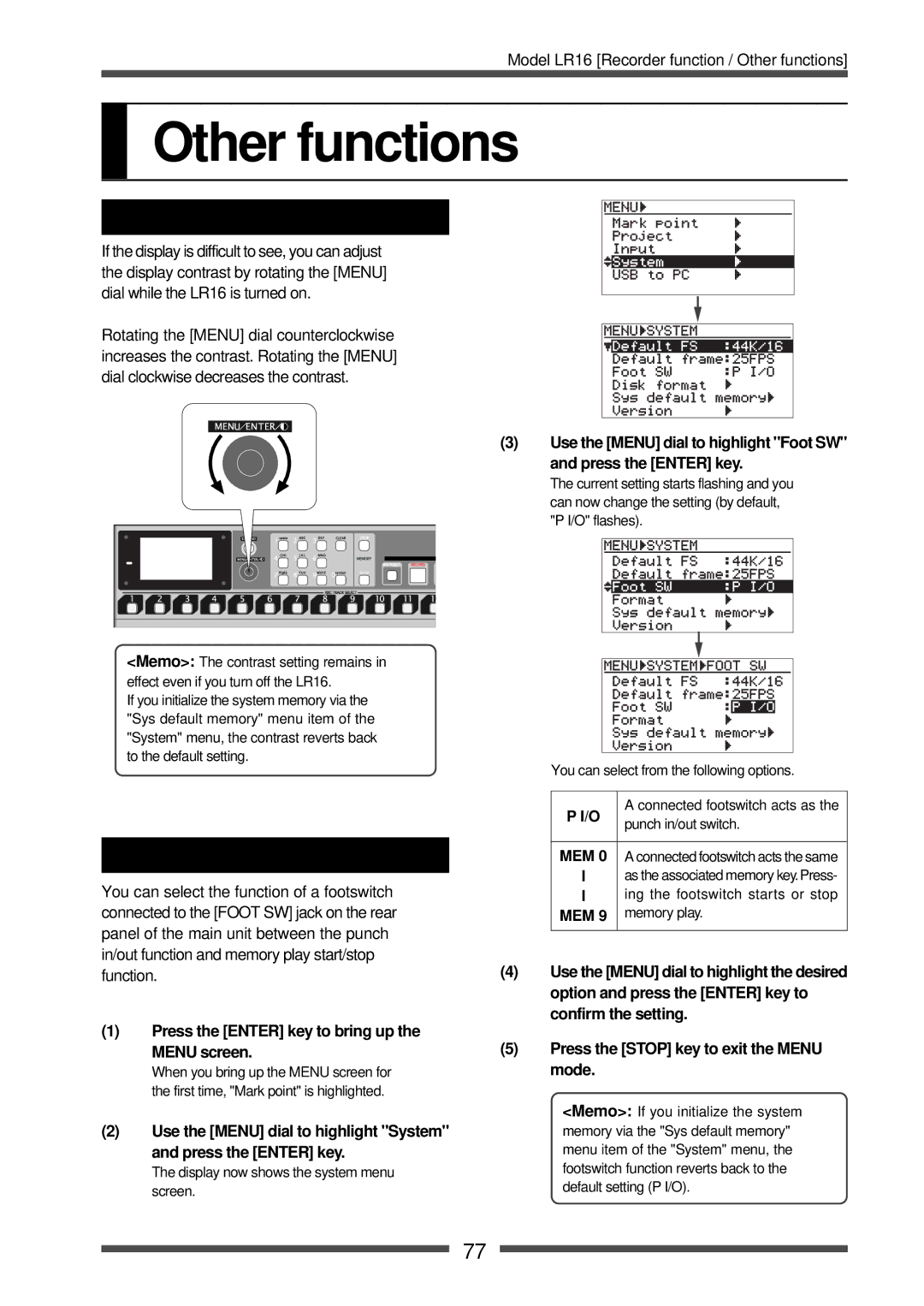 Fostex LR16 manual Other functions, Adjusting the display contrast, Setting the footswtich function 