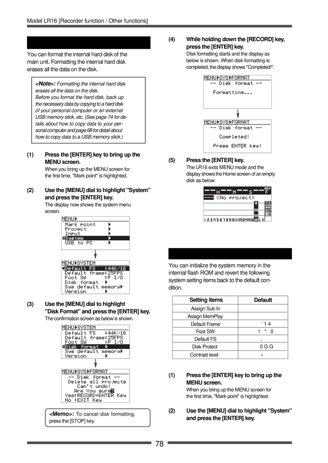 Fostex LR16 Formatting the internal hard disk, Initializing the system memory, Press the Enter key, Setting items Default 