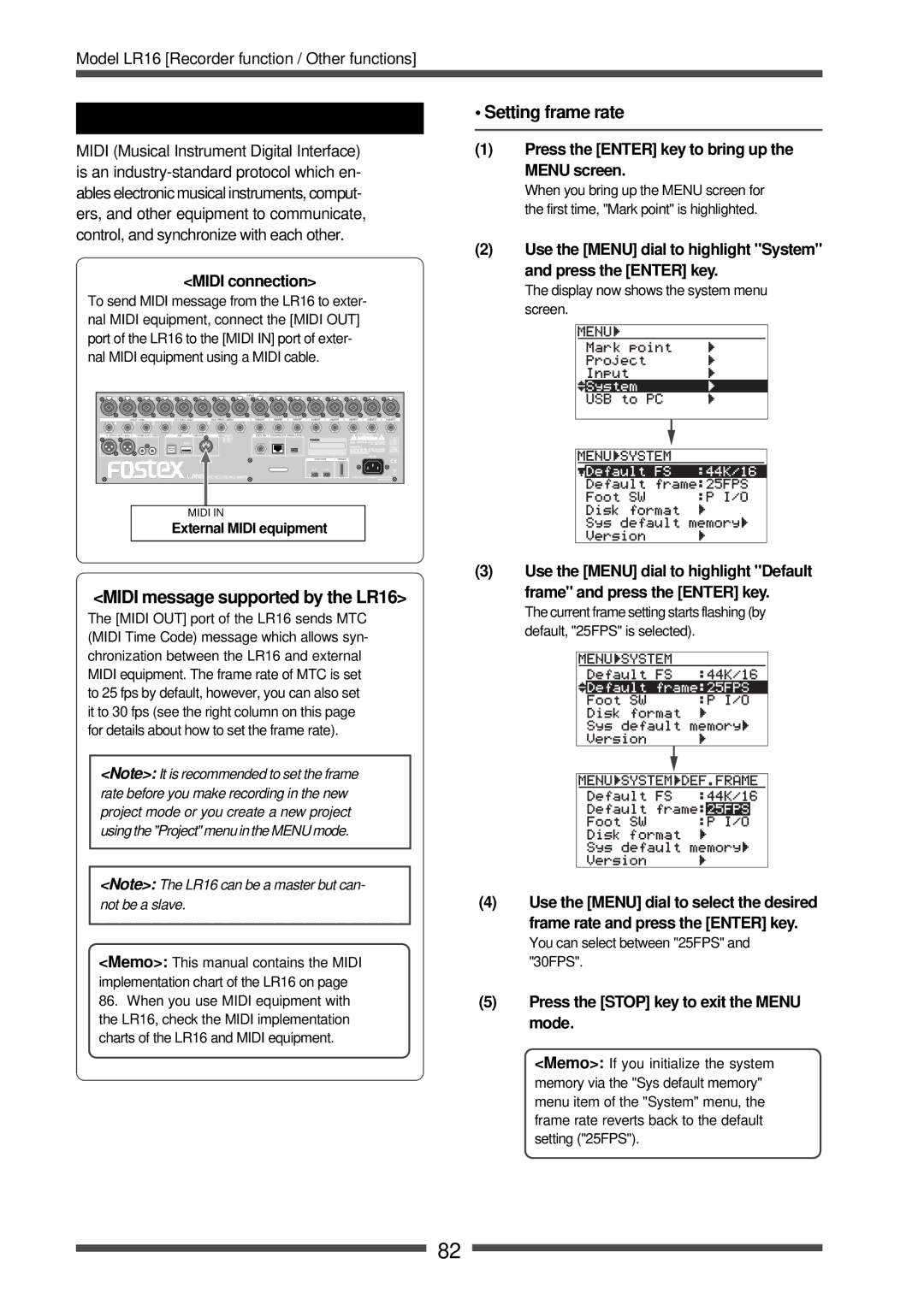 Fostex manual Midi synchronization, Setting frame rate, Midi message supported by the LR16, Midi connection 