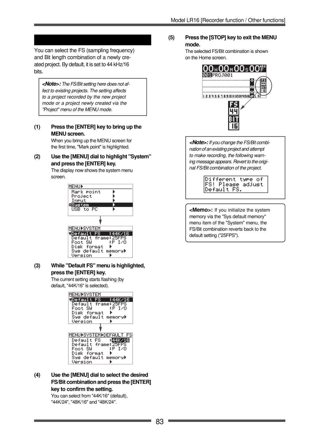Fostex LR16 manual Setting FS/Bit of project, While Default FS menu is highlighted, press the Enter key 