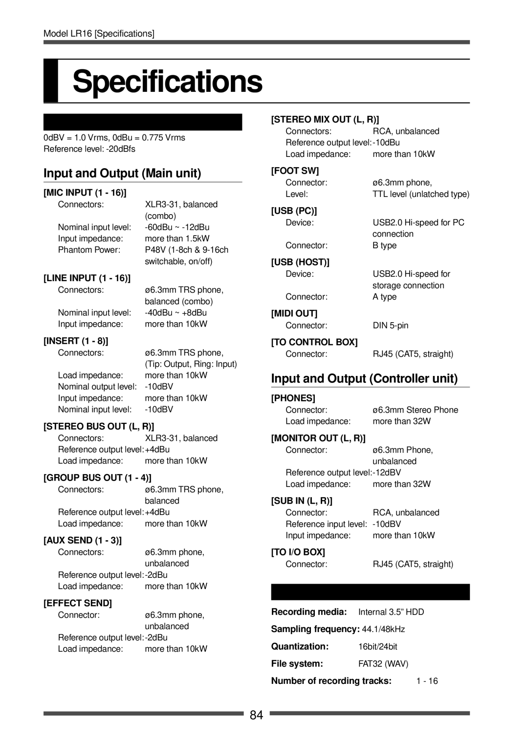 Fostex LR16 manual Specifications, Input and Output Main unit, Input and Output Controller unit, Inputs/Outputs 