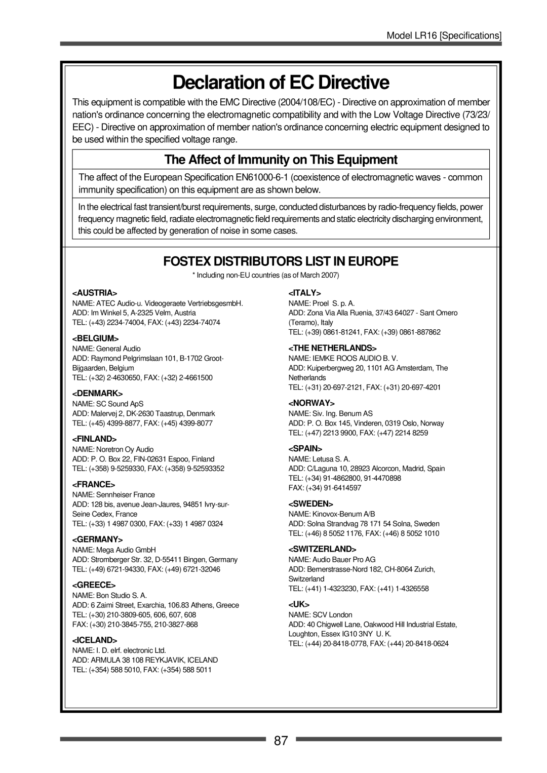 Fostex LR16 manual Declaration of EC Directive, Affect of Immunity on This Equipment 