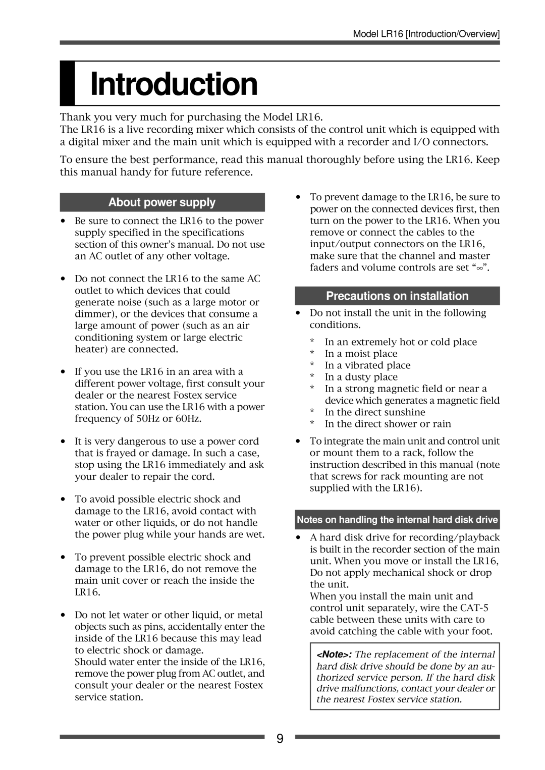 Fostex LR16 manual Introduction, About power supply, Precautions on installation 