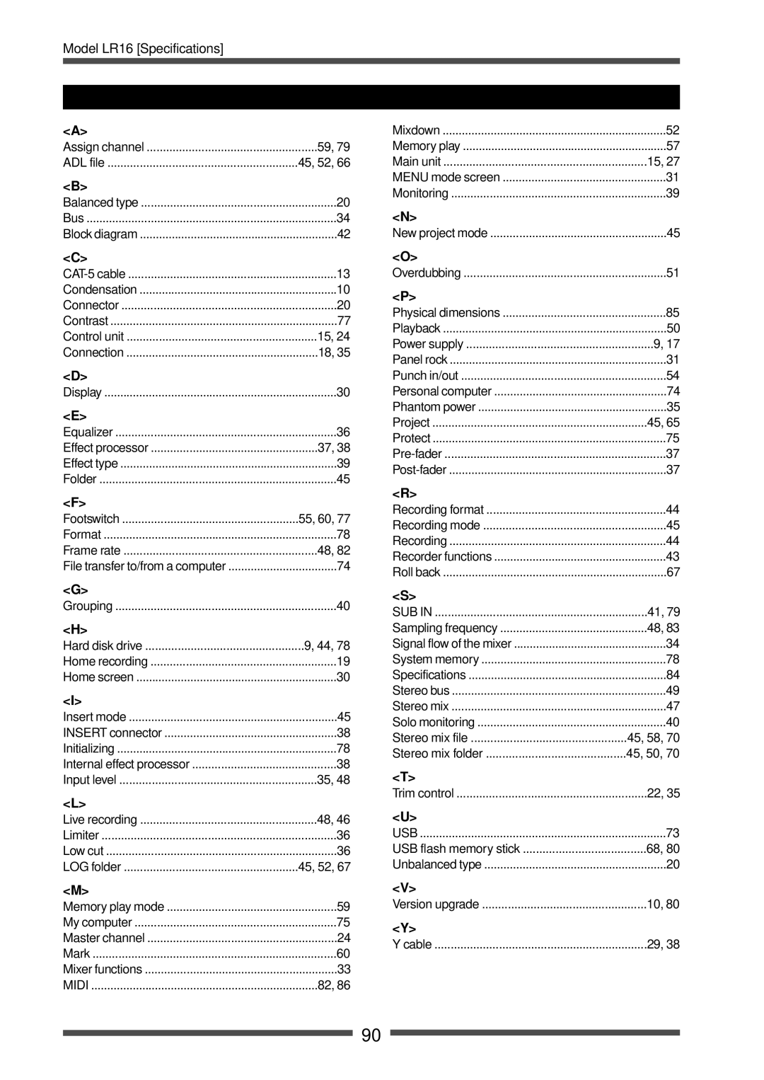 Fostex LR16 manual Index, 45, 52 