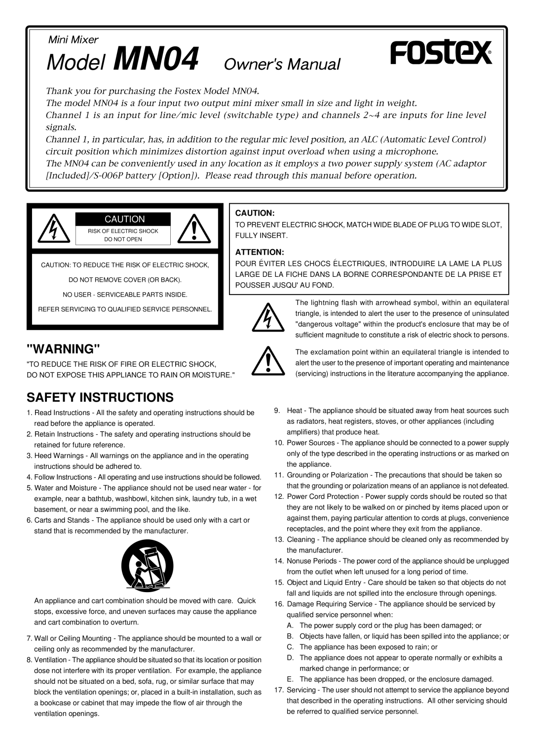 Fostex Manual MN04 owner manual Safety Instructions 