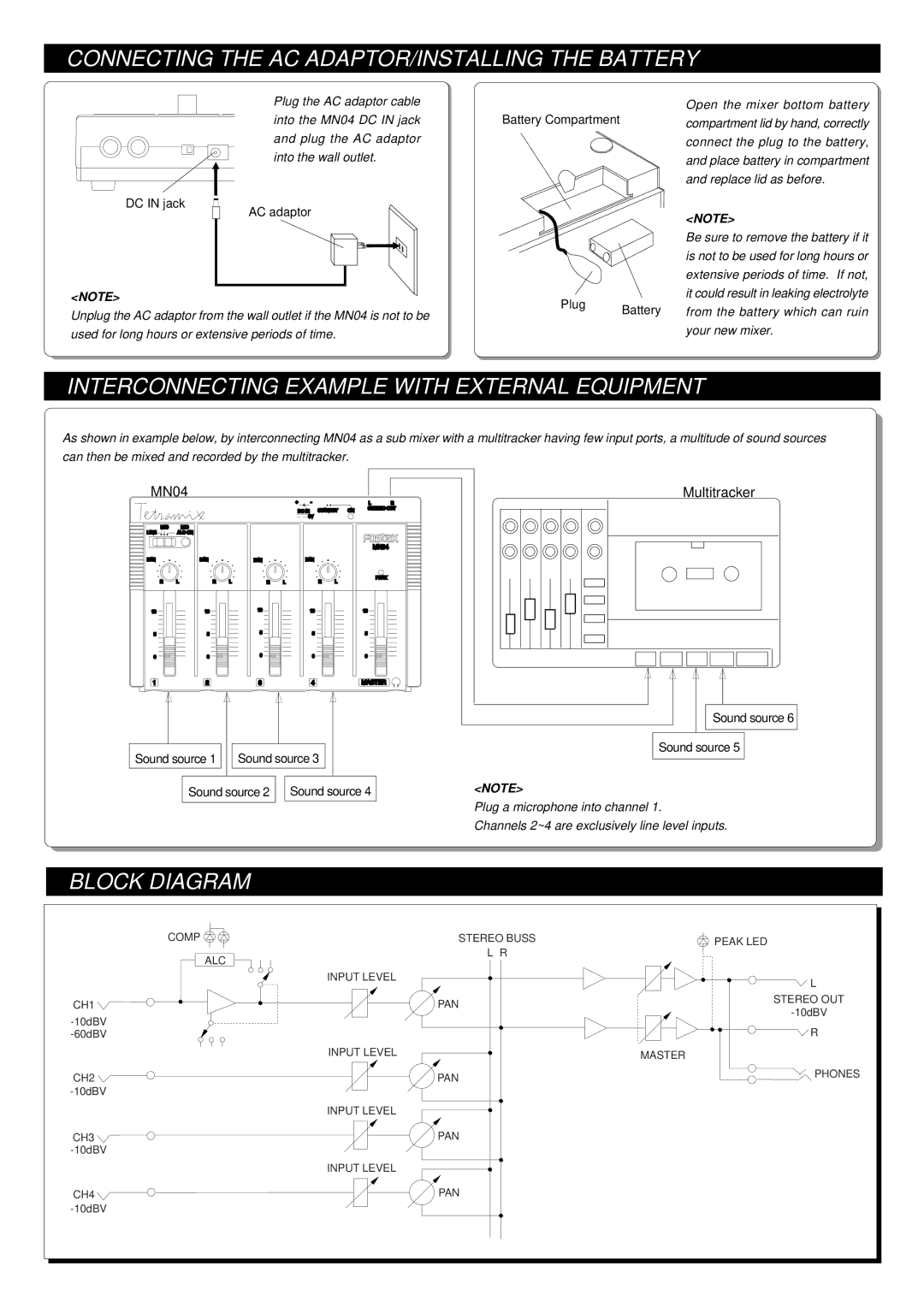 Fostex Manual MN04 Connecting the AC ADAPTOR/INSTALLING the Battery, Interconnecting Example with External Equipment 