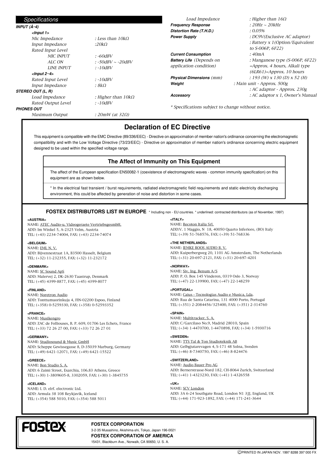 Fostex Manual MN04 owner manual Declaration of EC Directive 