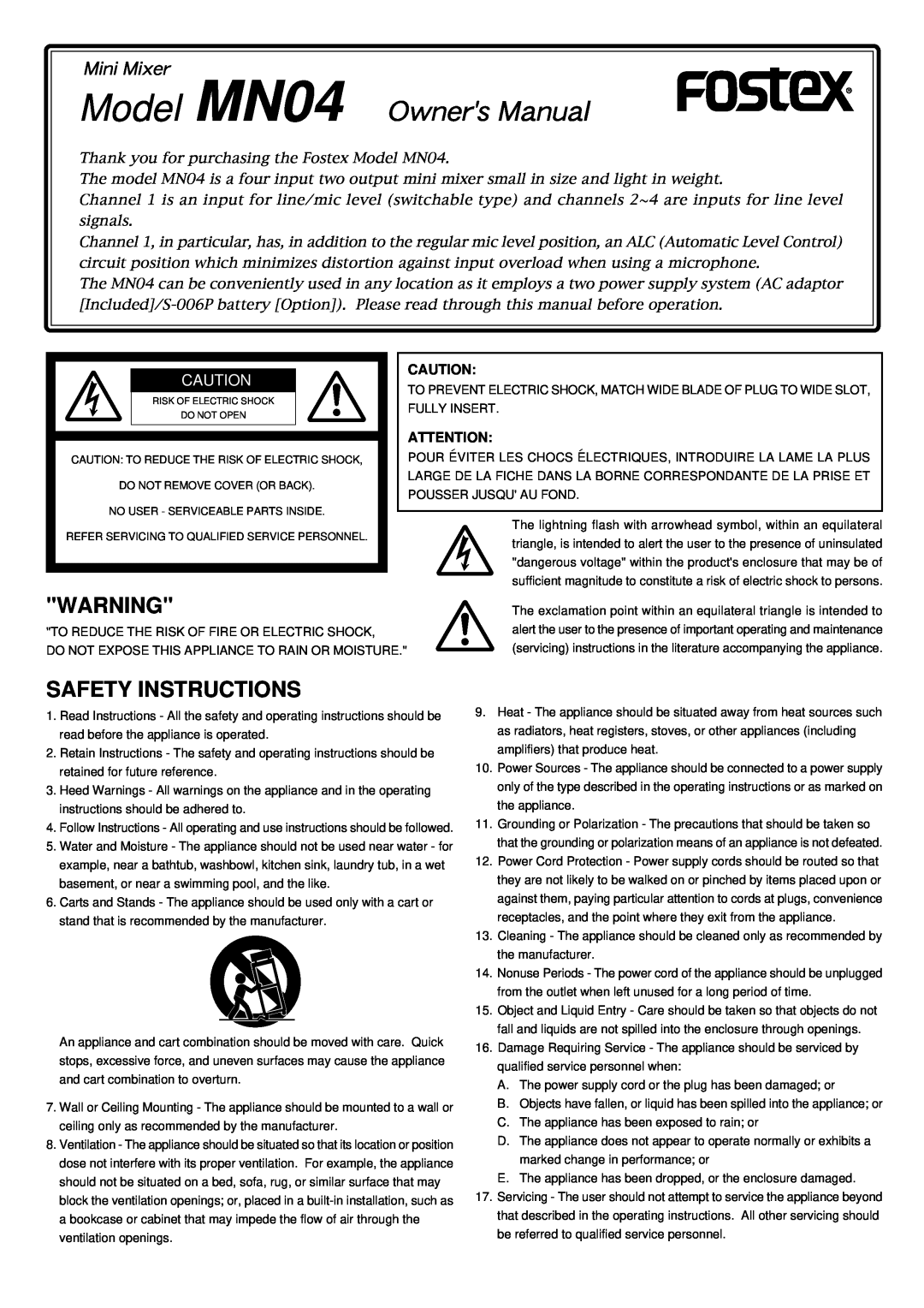 Fostex Manual MN04 owner manual Safety Instructions, Mini Mixer 