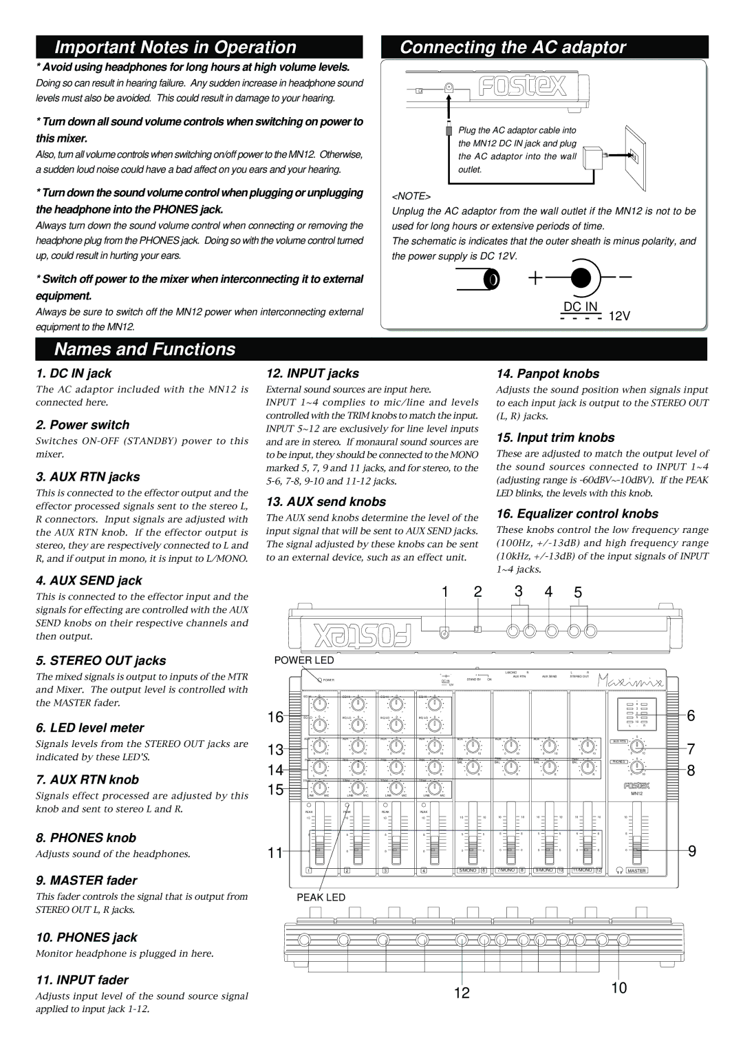 Fostex MN12 owner manual Important Notes in Operation, Connecting the AC adaptor, Names and Functions 