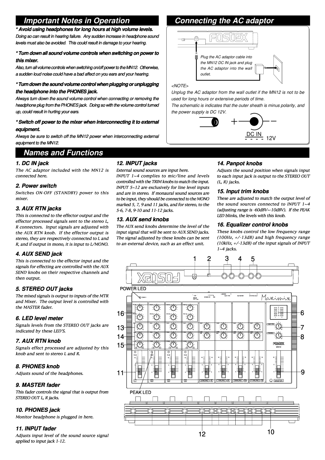 Fostex MN12 owner manual Important Notes in Operation, Connecting the AC adaptor, Names and Functions, 1210 