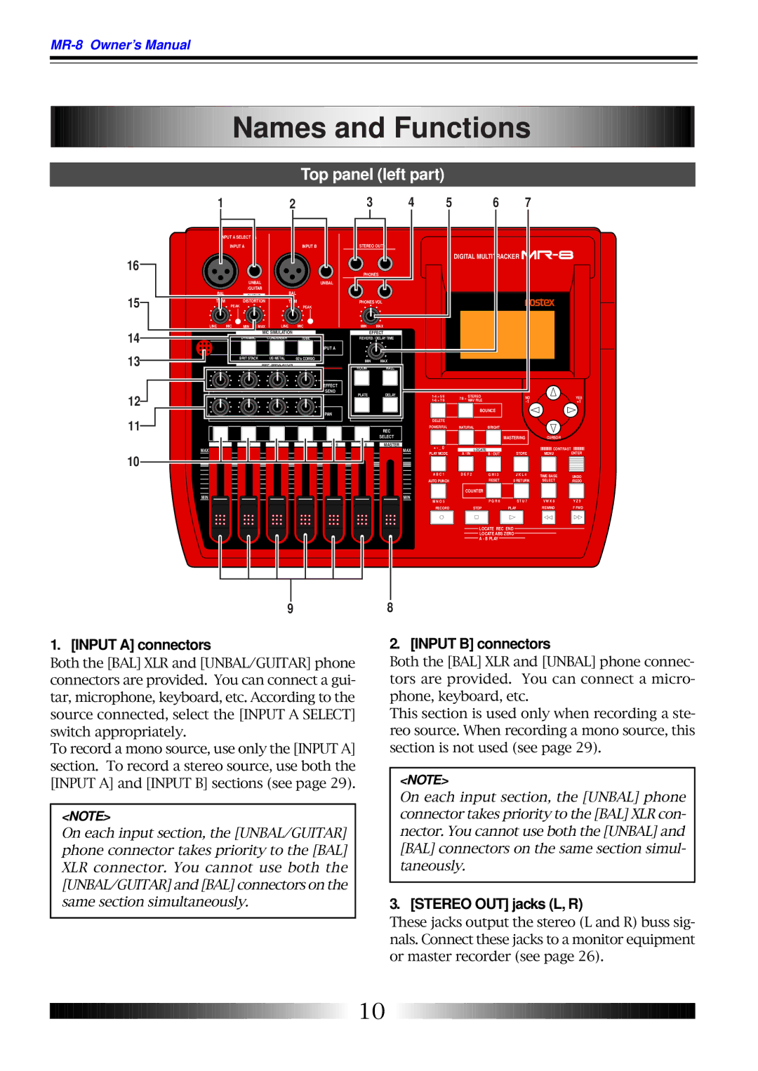 Fostex MR-8 Names and Functions, Top panel left part, Input a connectors, Input B connectors, Stereo OUT jacks L, R 