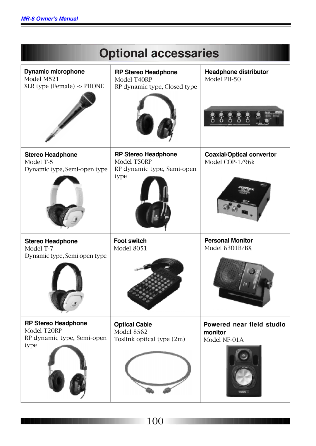 Fostex MR-8 owner manual Optional accessaries, Stereo Headphone Foot switch Personal Monitor 