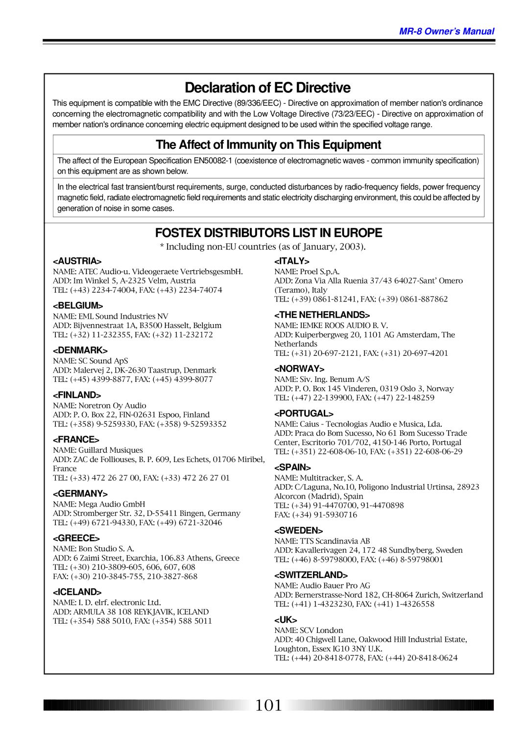 Fostex MR-8 owner manual Declaration of EC Directive 