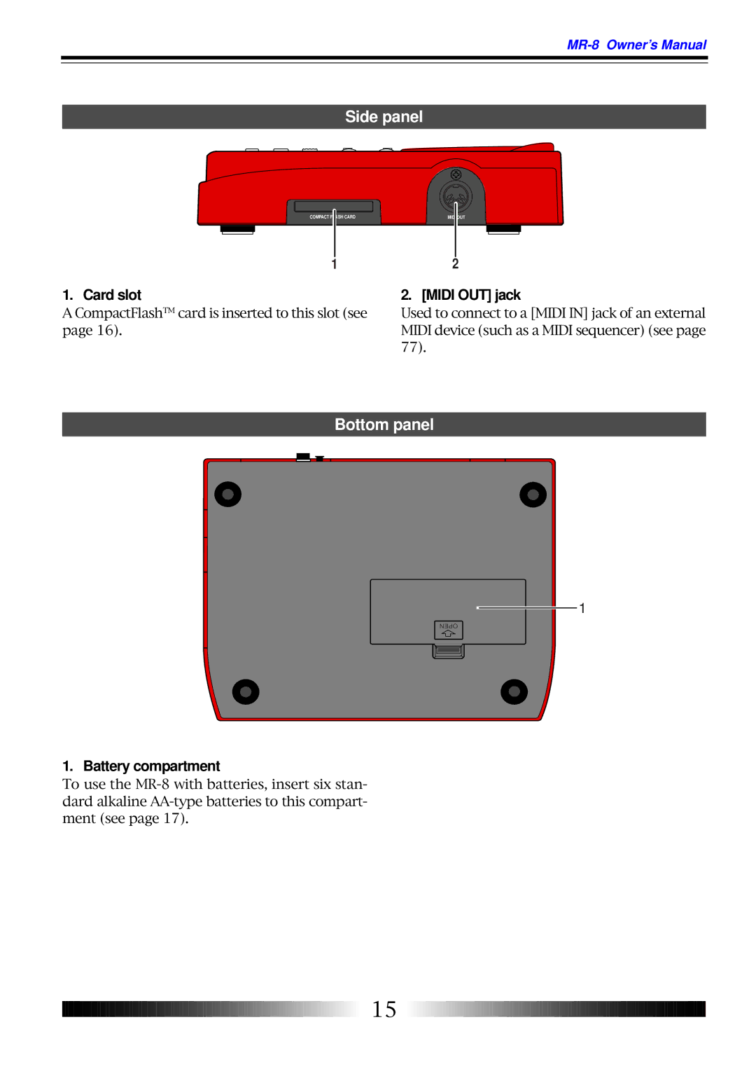 Fostex MR-8 owner manual Side panel, Bottom panel, Card slot Midi OUT jack, Battery compartment 