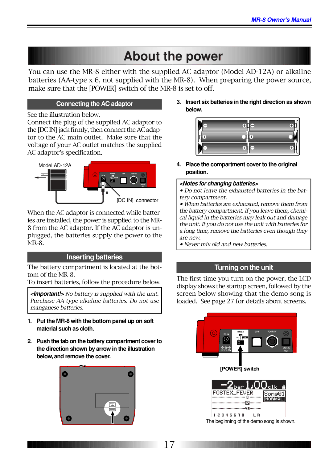 Fostex MR-8 owner manual About the power, Inserting batteries, Turning on the unit, Connecting the AC adaptor 