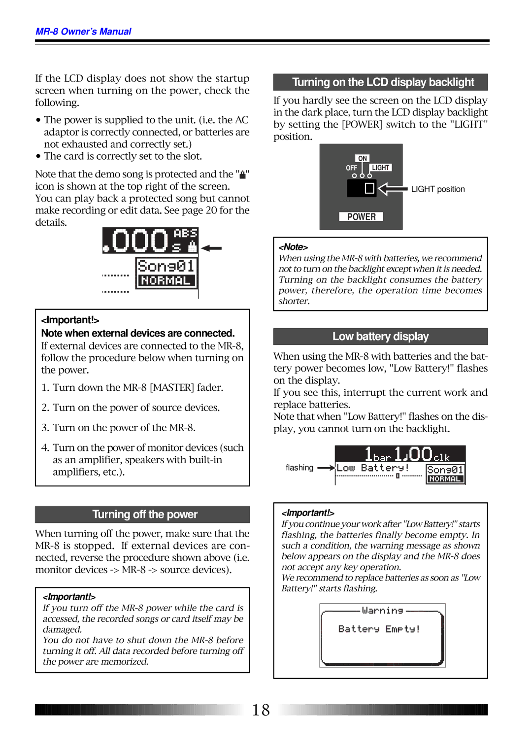 Fostex MR-8 owner manual Turning on the LCD display backlight, Low battery display, Turning off the power 