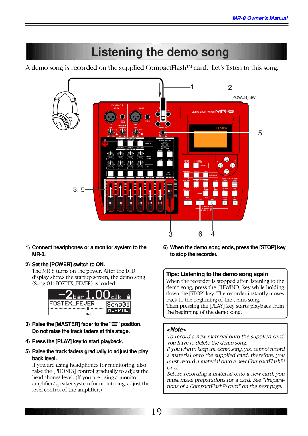 Fostex MR-8 owner manual Listening the demo song, Tips Listening to the demo song again 