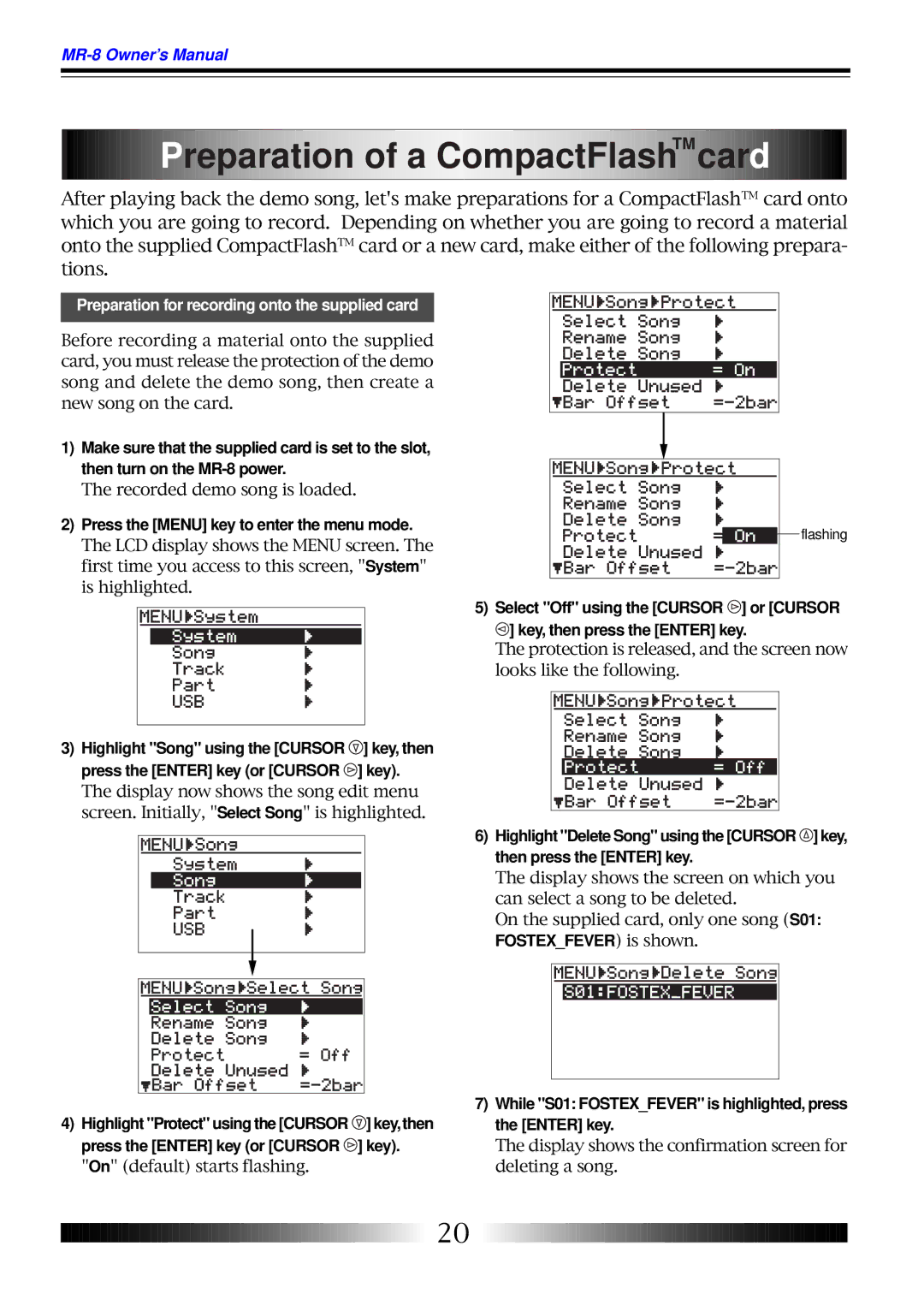 Fostex MR-8 owner manual Preparation of a CompactFlashTM car d, Press the Menu key to enter the menu mode 