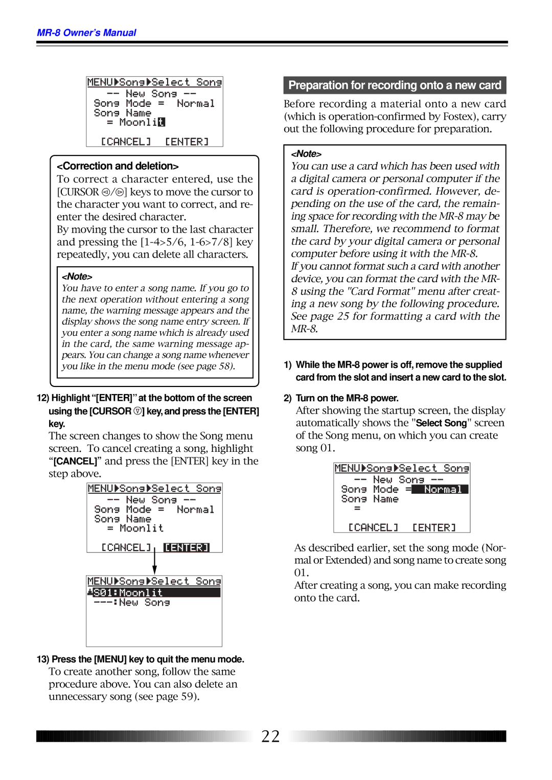 Fostex MR-8 Preparation for recording onto a new card, Correction and deletion, Press the Menu key to quit the menu mode 